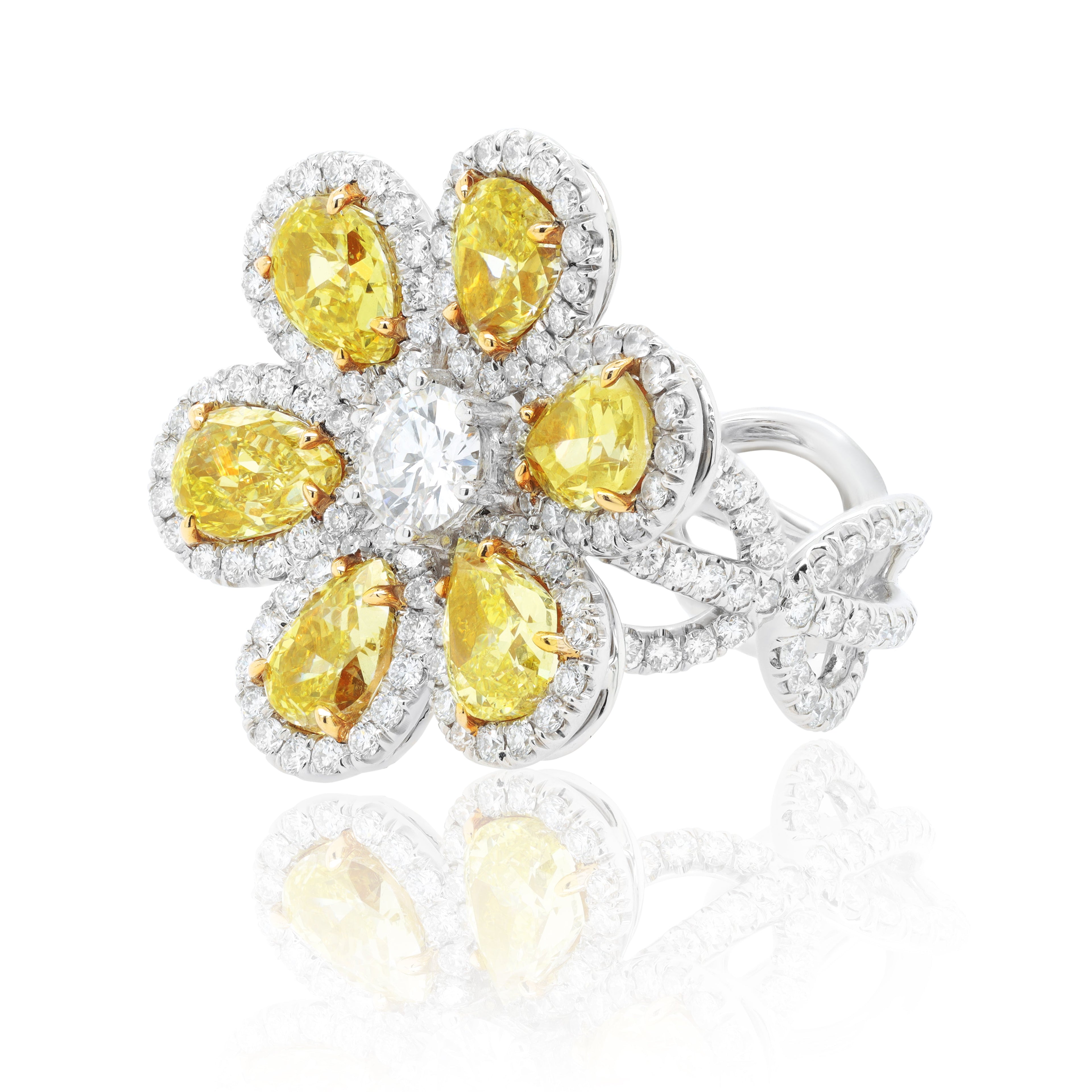 Yellow Pear Diamond Flower Ring