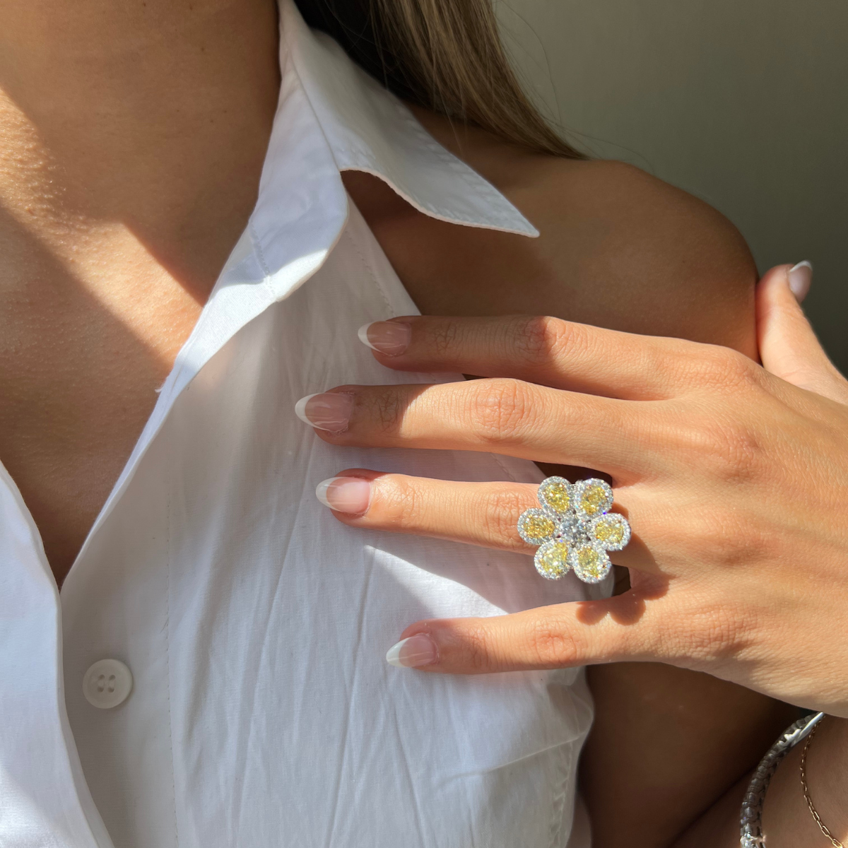 Yellow Pear Diamond Flower Ring