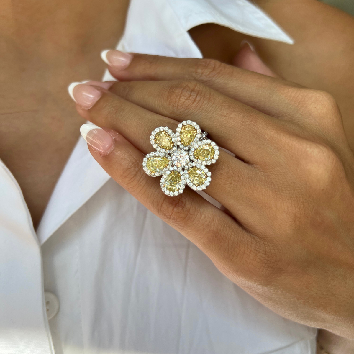 Yellow Pear Diamond Flower Ring