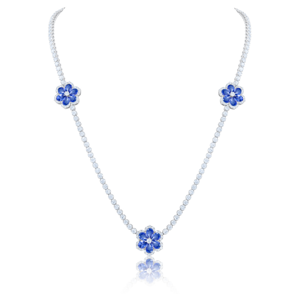 37.50ct Diamond and Sapphire Flower Tennis Necklace