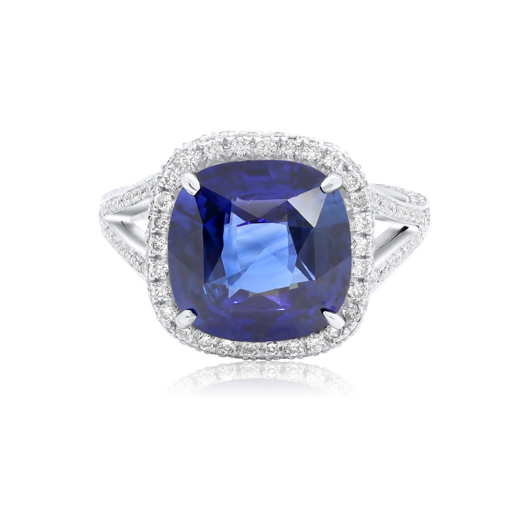Platinum Cushion Ceylon Sapphire Diamonds Halo Ring