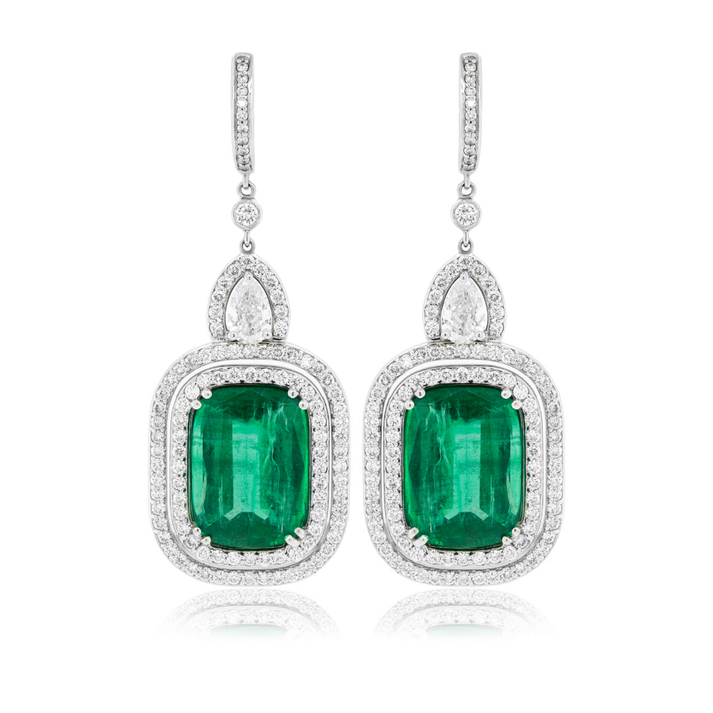 Cushion Emerald Double Halo Earrings