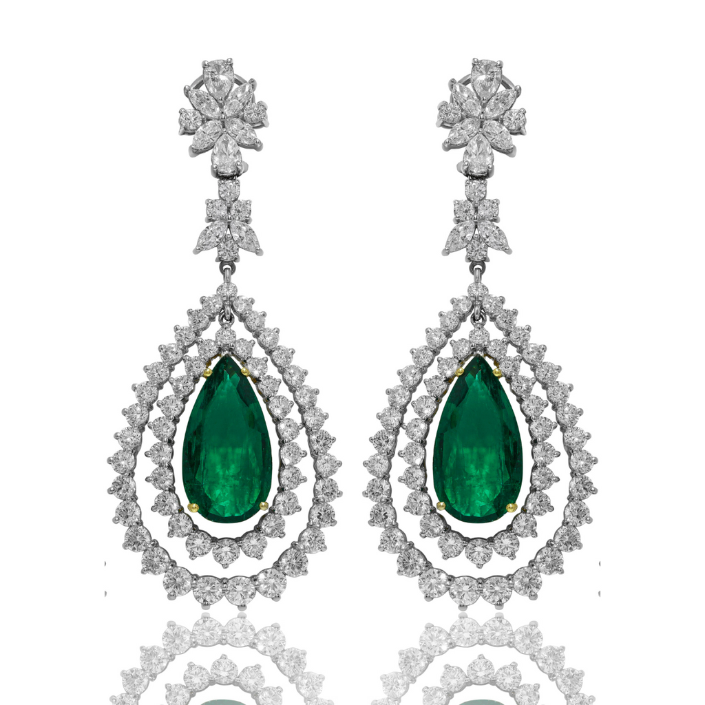 Emerald Pear Diamond Drop Earrings