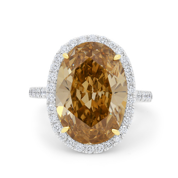 Platinum Cognac Oval Cut Halo Diamonds Ring