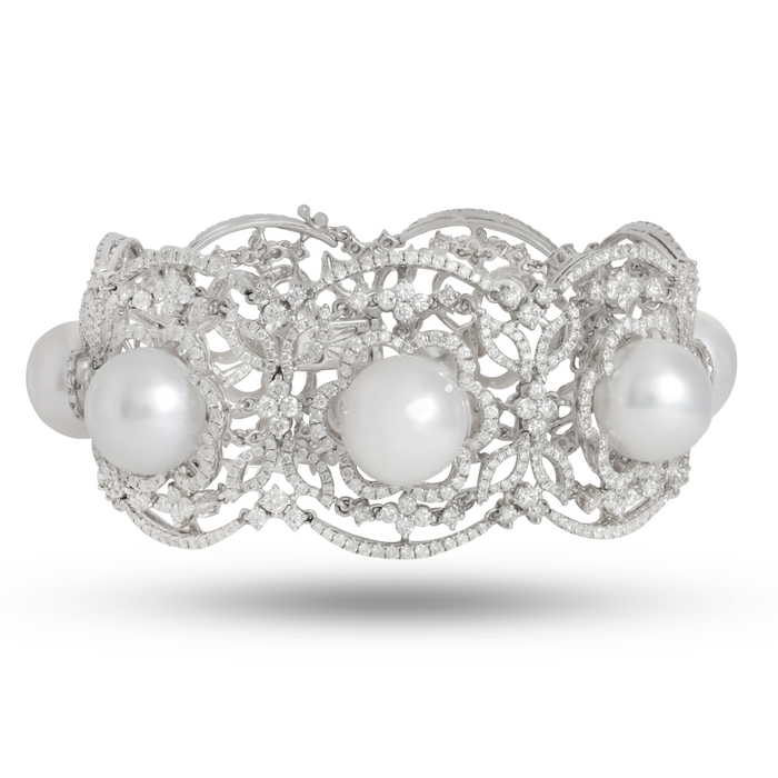 Tahitian Pearl And Diamond Flower Bracelet