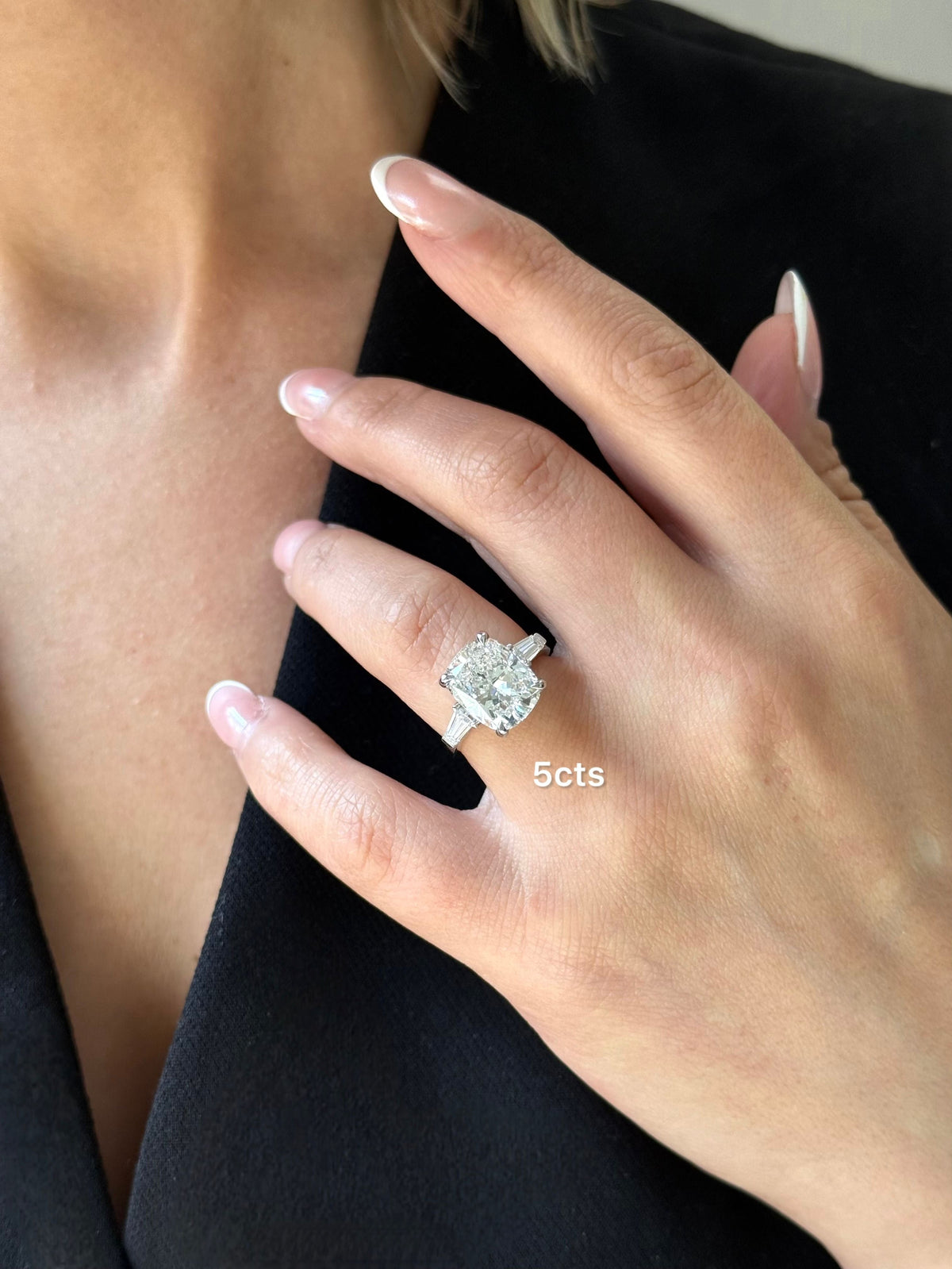 Lab-Grown Cushion Diamond Ring with Baguettes