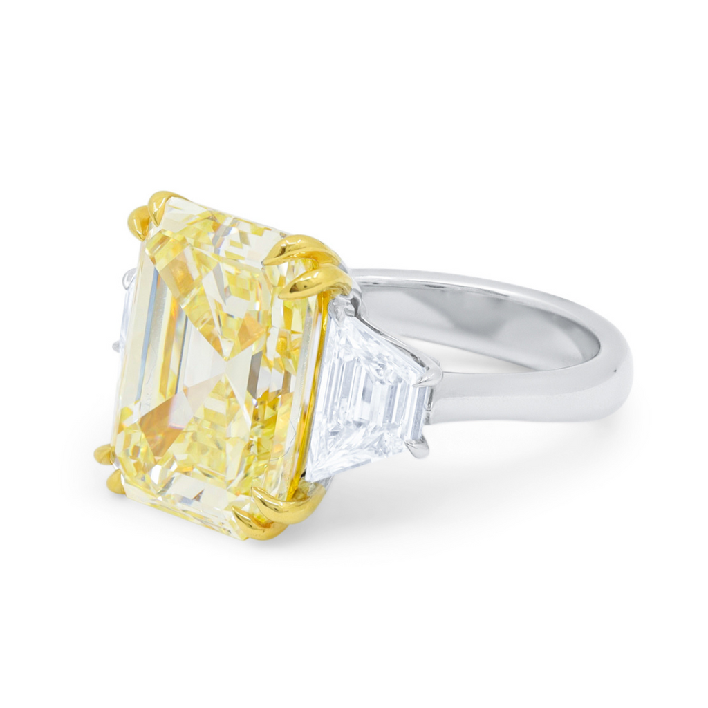 Fancy Yellow Emerald-Cut Diamond Ring With Trapezoids, Platinum & 18K Gold