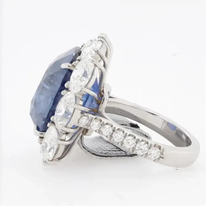 Cushion Cut Blue Sapphire Large Diamond Halo Ring