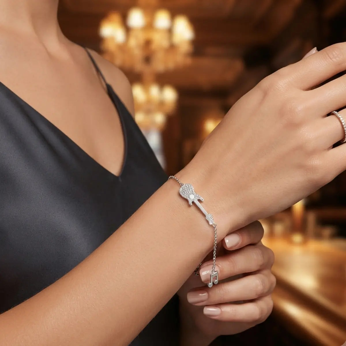 14K White Gold Guitar And Musical Note Bracelet