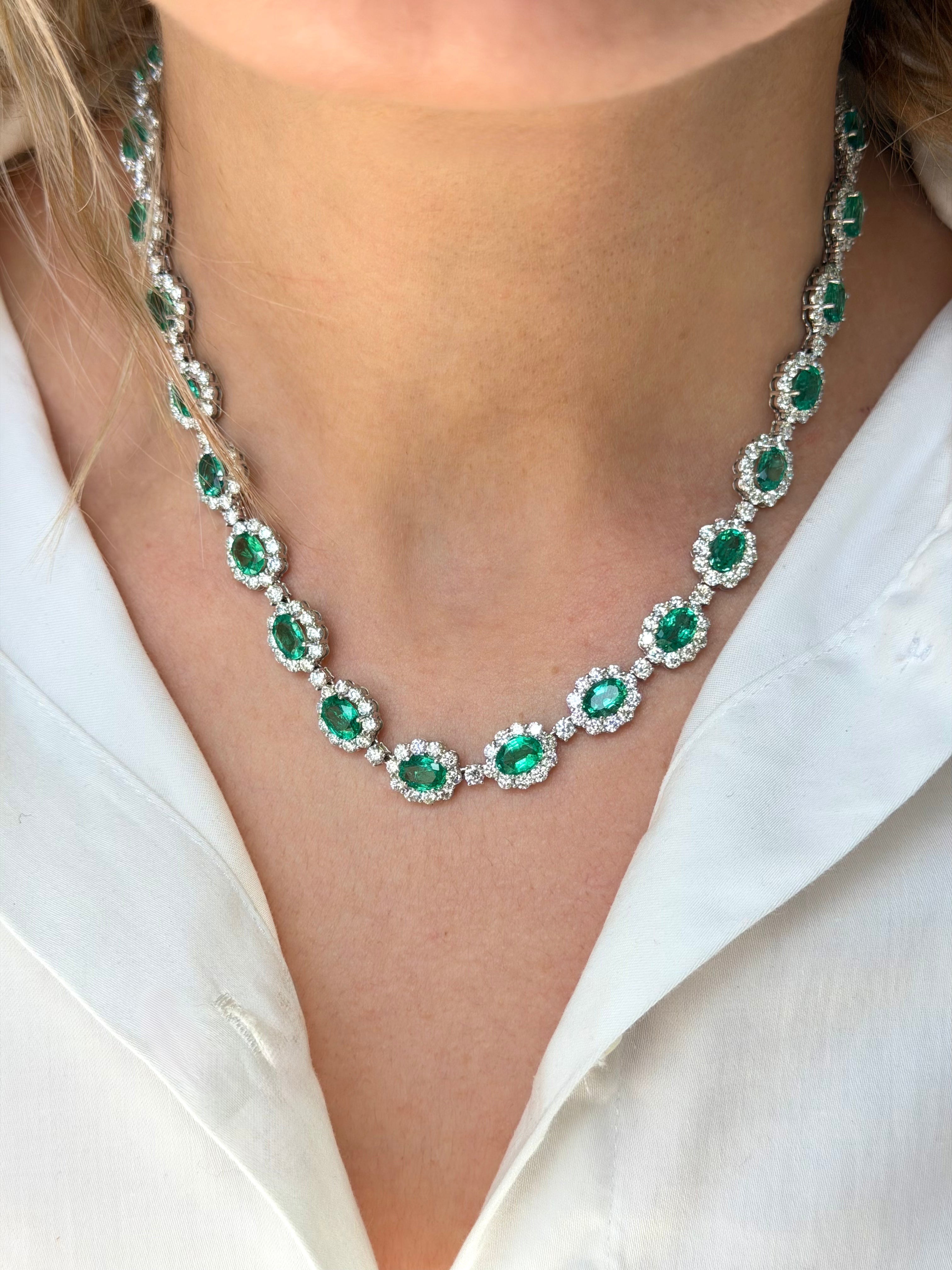 21.14cts Oval Zambian Emerald and 16.10cts Round Diamonds Halo Necklace, 18K White Gold