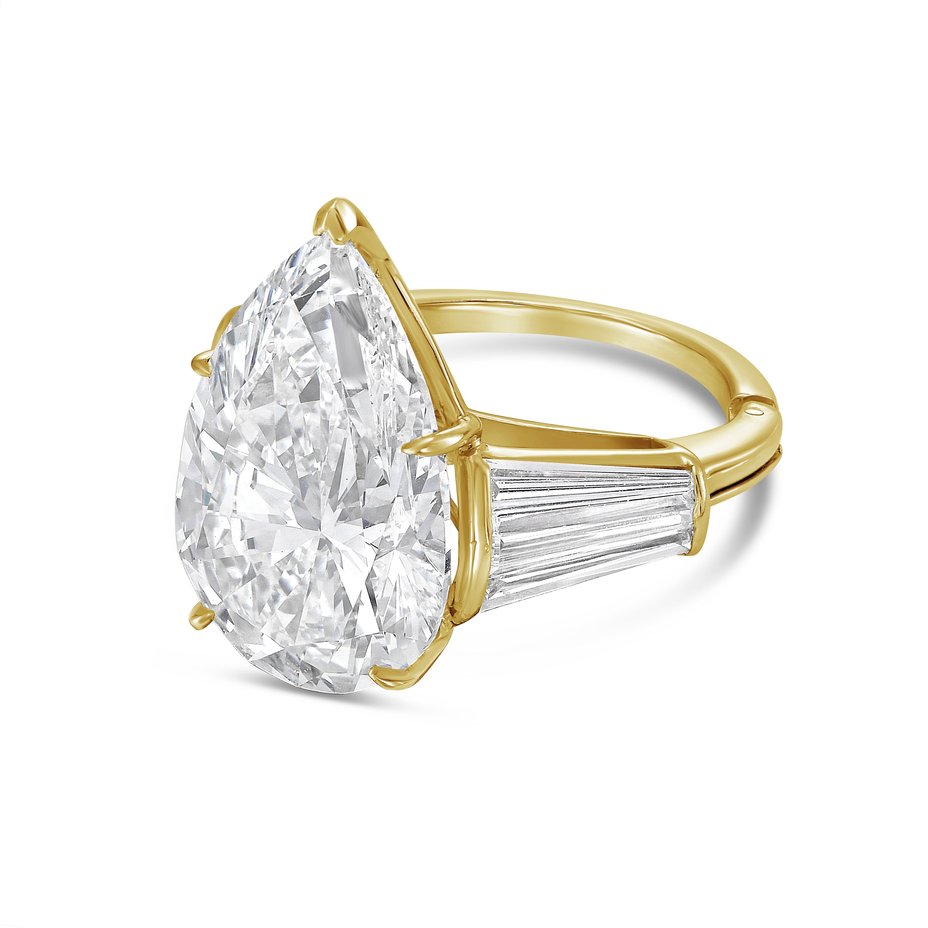 Lab-Grown Pear Diamond Ring with Three Baguettes, 18K Gold
