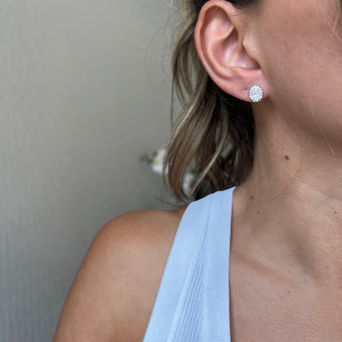 Lab-Grown Oval Diamond Halo Stud Earrings, 14K Gold