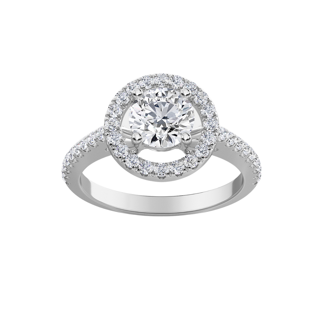 Lab-Grown Round Diamond Halo Pave Engagement Ring, 18K White Gold