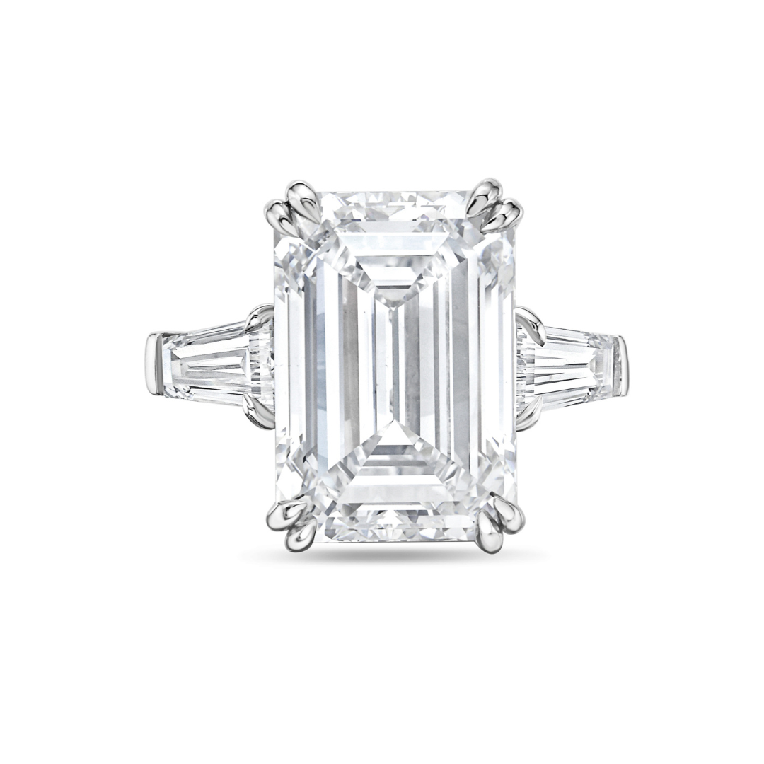 Lab-Grown Emerald-Cut Three-Stone Engagement Ring with Baguettes, 18k Gold