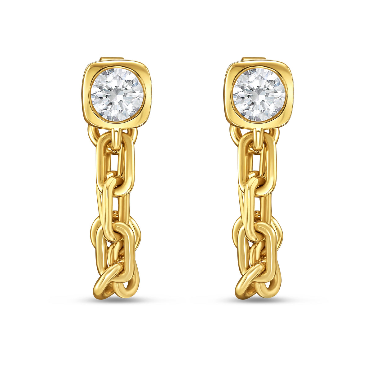Lab Grown Round Bezel with Link Chain Drop Earrings