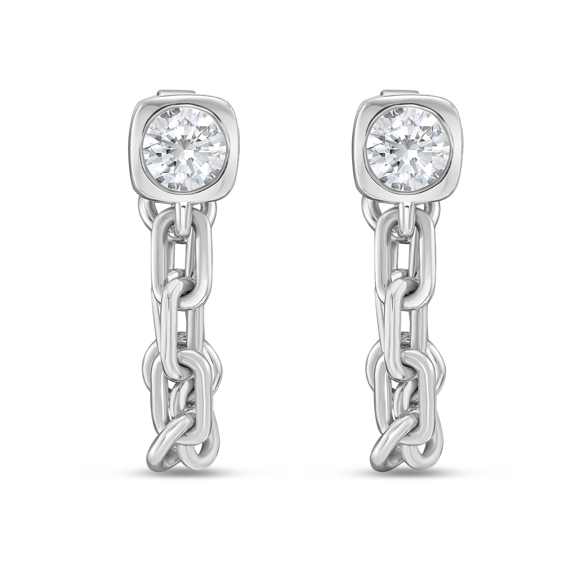 Lab Grown Round Bezel with Link Chain Drop Earrings