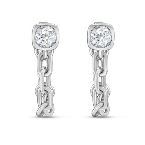 Lab Grown Round Bezel with Link Chain Drop Earrings