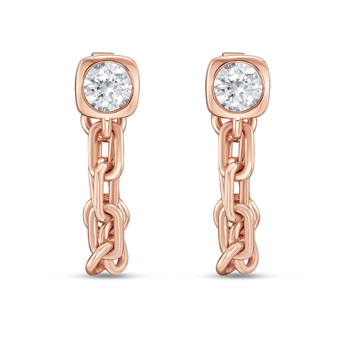 Lab Grown Round Bezel with Link Chain Drop Earrings