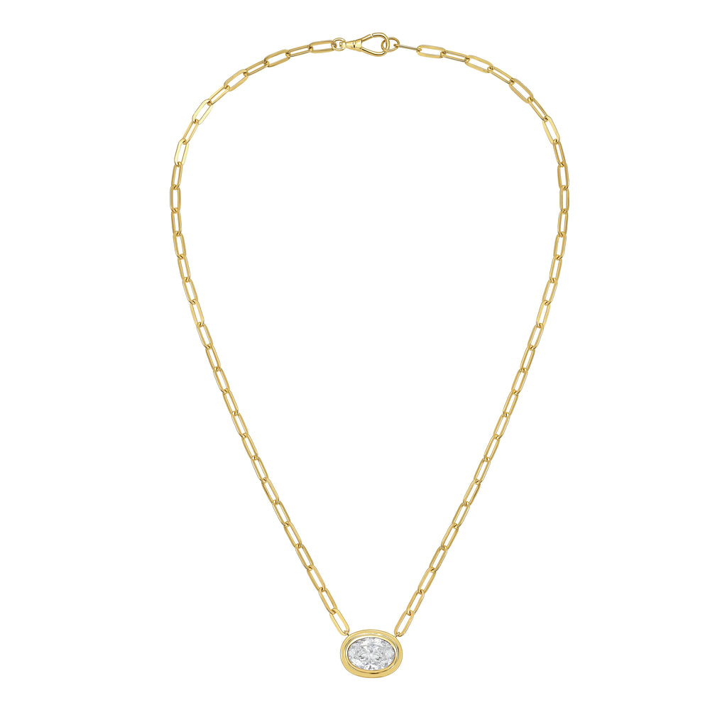 Lab Grown Oval Bezel Pendant With Paperclip Chain