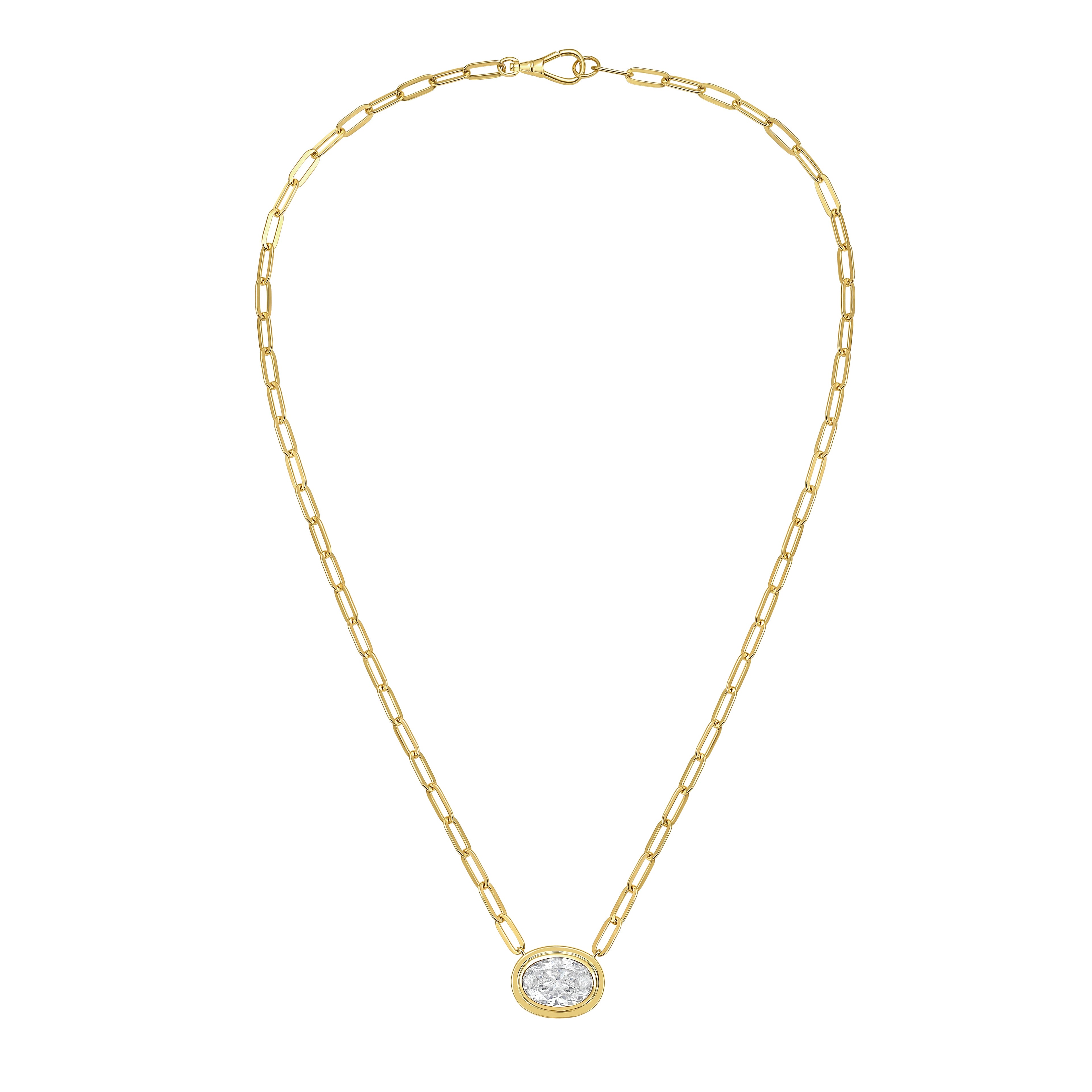 Lab Grown Oval Bezel Pendant With Paperclip Chain