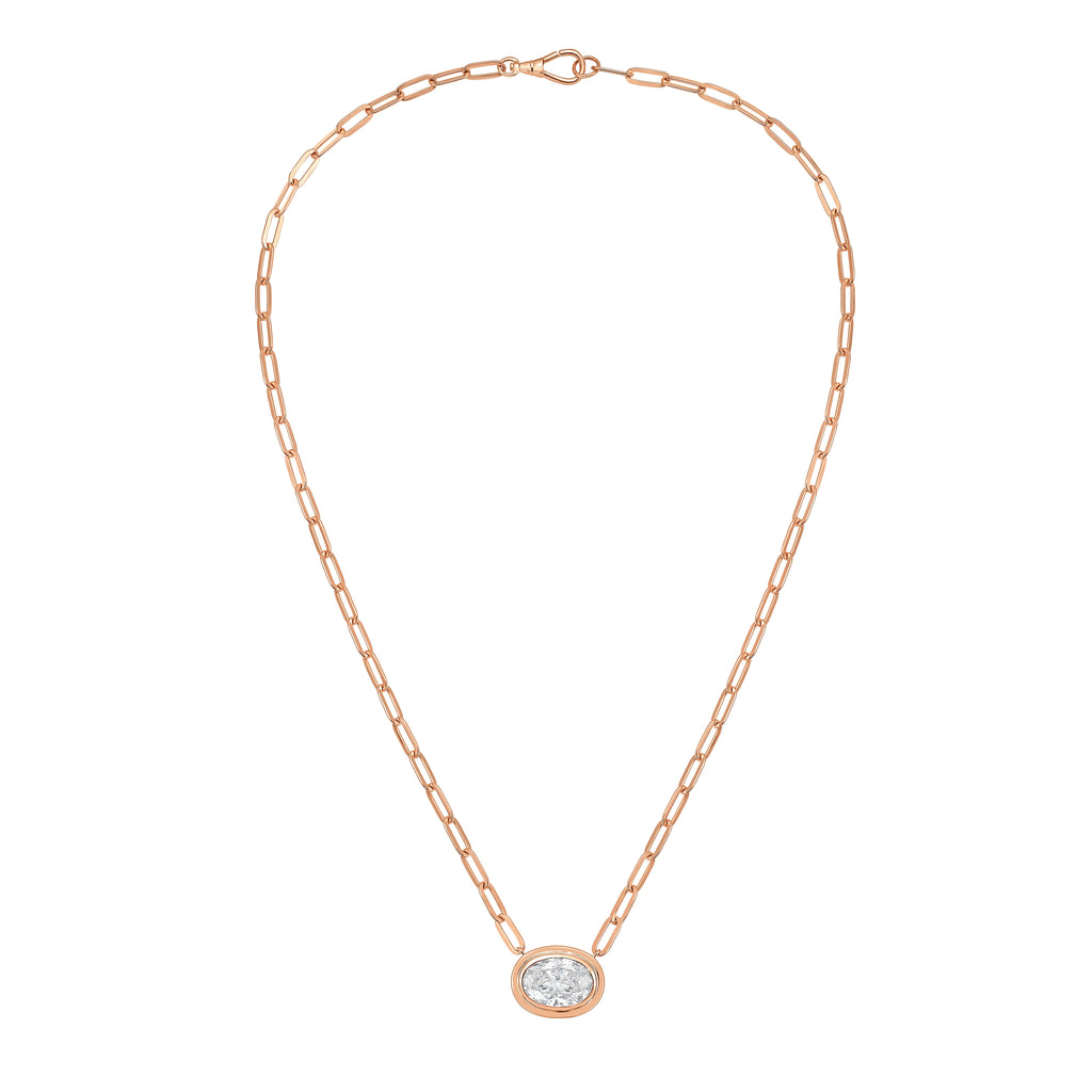 Lab Grown Oval Bezel Pendant With Paperclip Chain