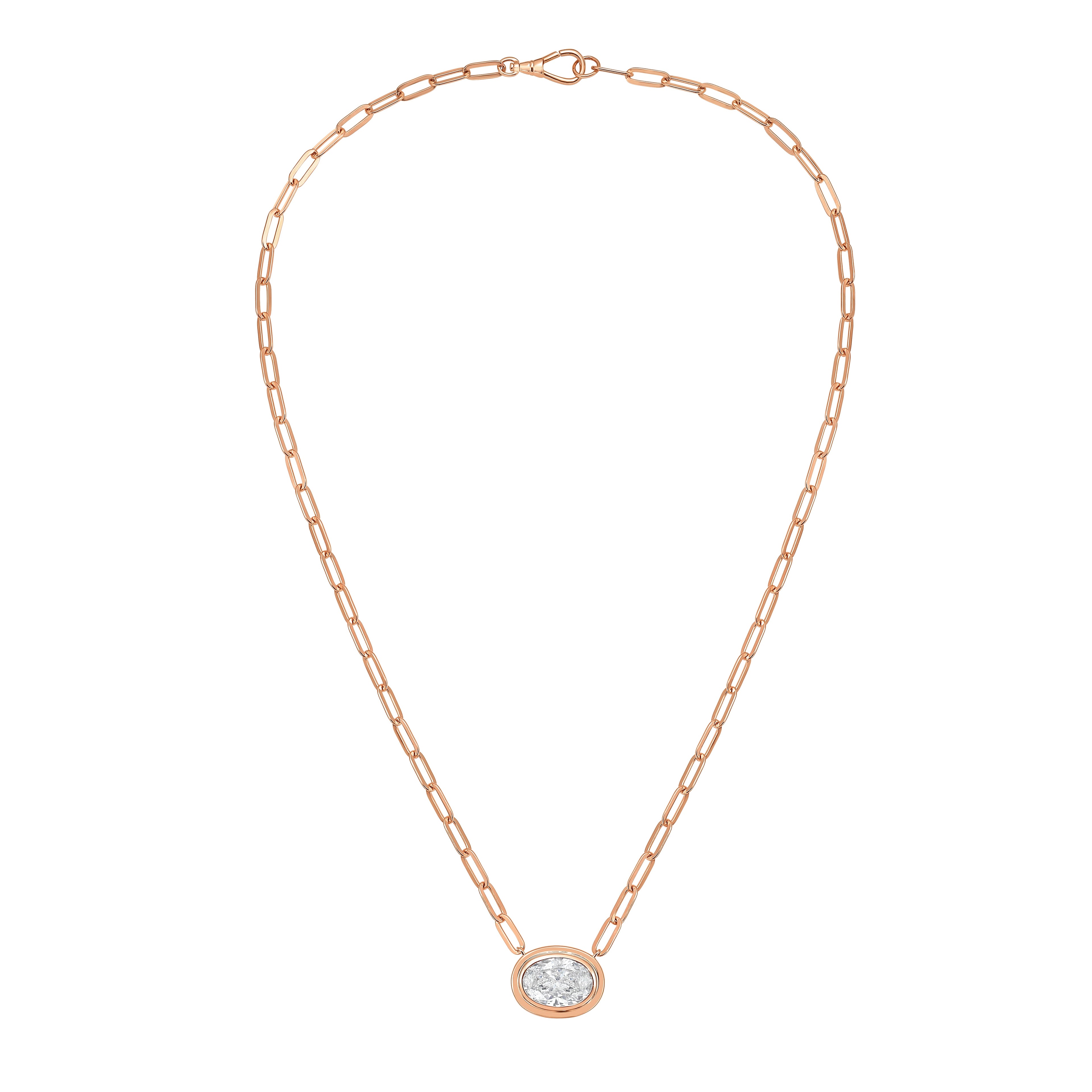 Lab Grown Oval Bezel Pendant With Paperclip Chain