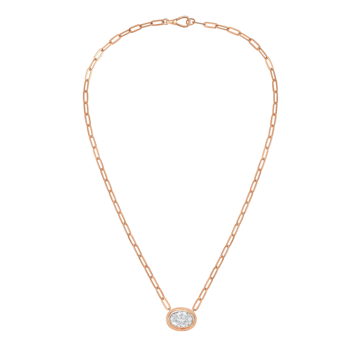 Lab Grown Oval Bezel Pendant With Paperclip Chain