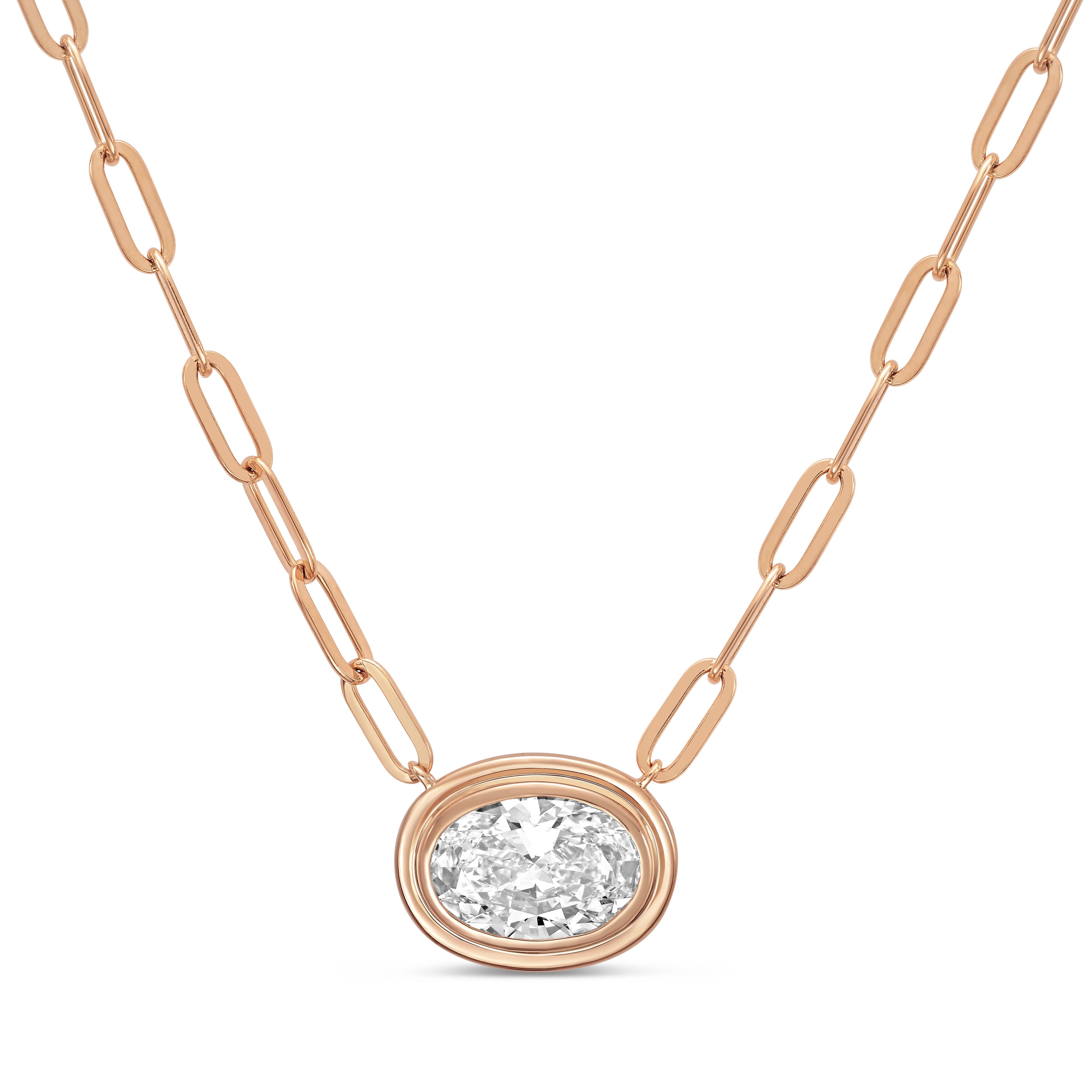 Lab Grown Oval Bezel Pendant With Paperclip Chain