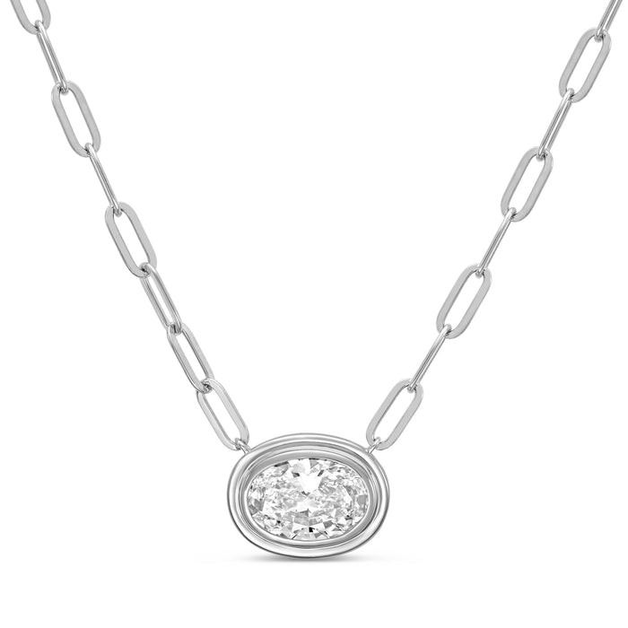 Lab Grown Oval Bezel Pendant With Paperclip Chain