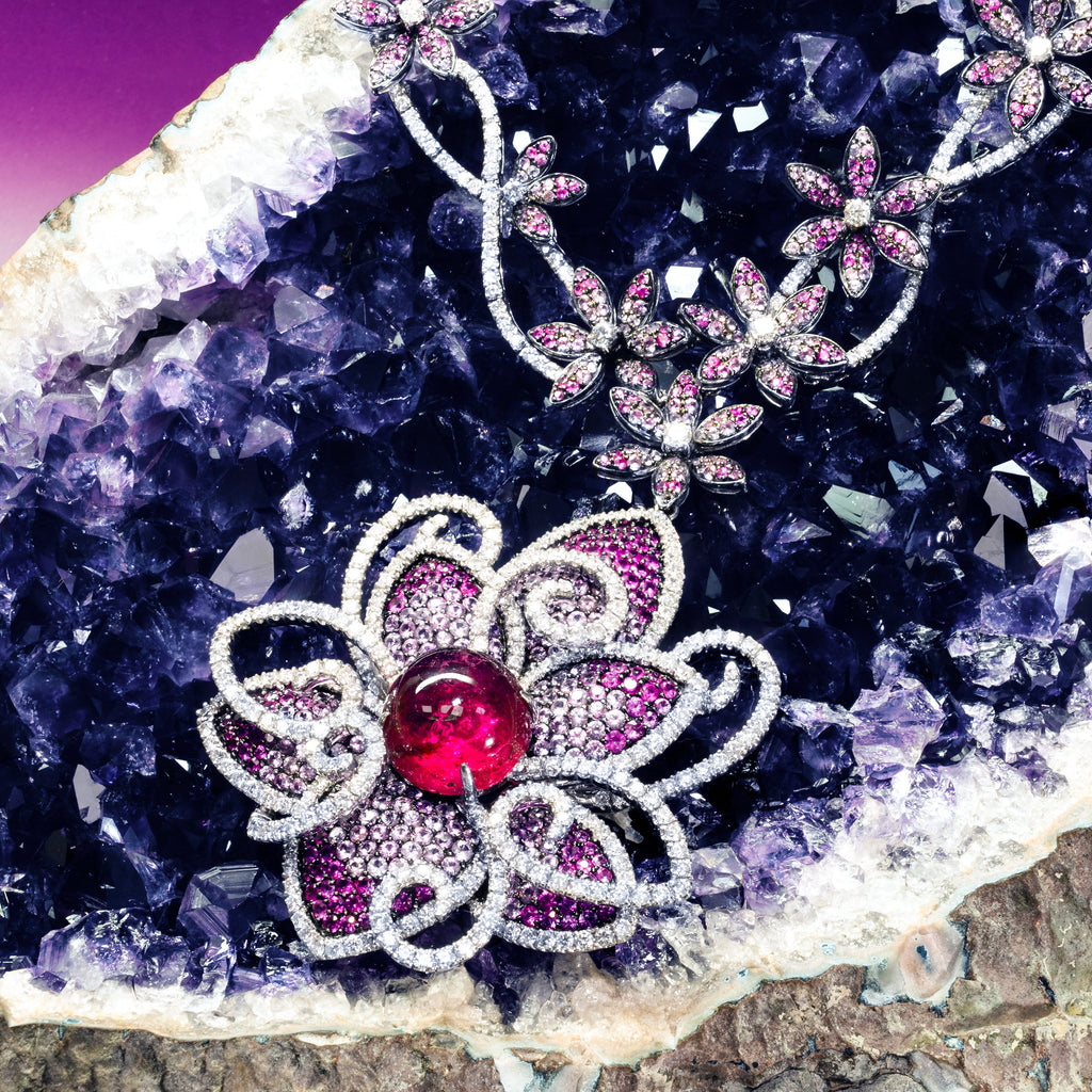 Ruby Pink Sapphire Diamond Flower Necklace, 18K White Gold