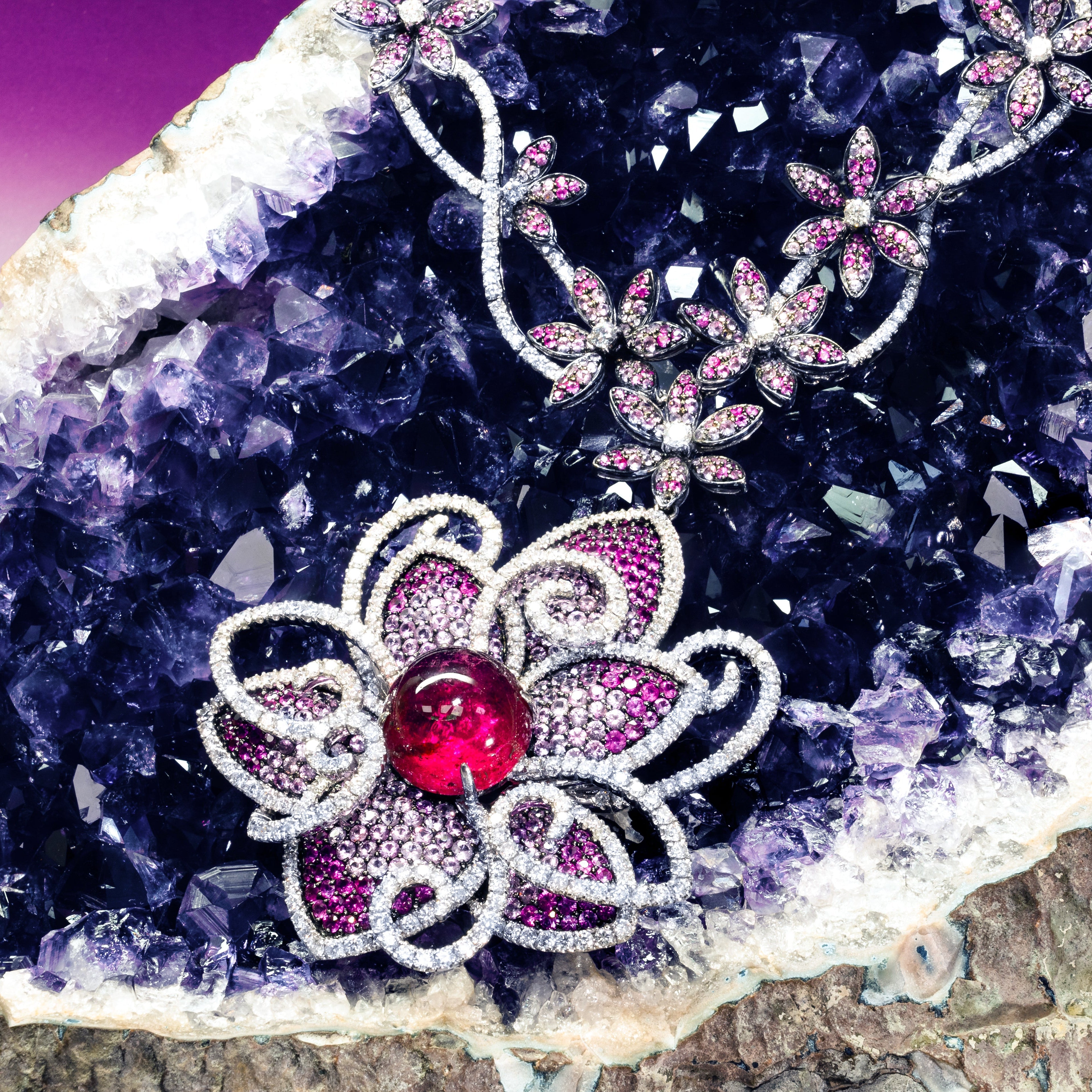 Ruby Pink Sapphire Diamond Flower Necklace, 18K White Gold