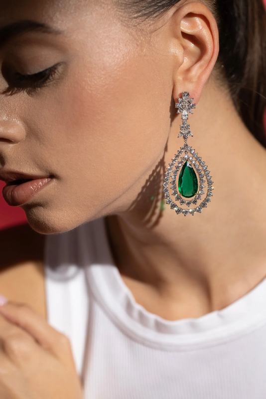 Emerald Pear Diamond Drop Earrings