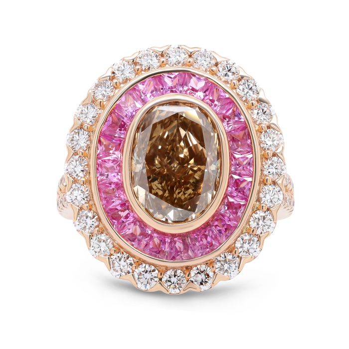 Oval Brown Diamond Ring with Pink & White Diamonds