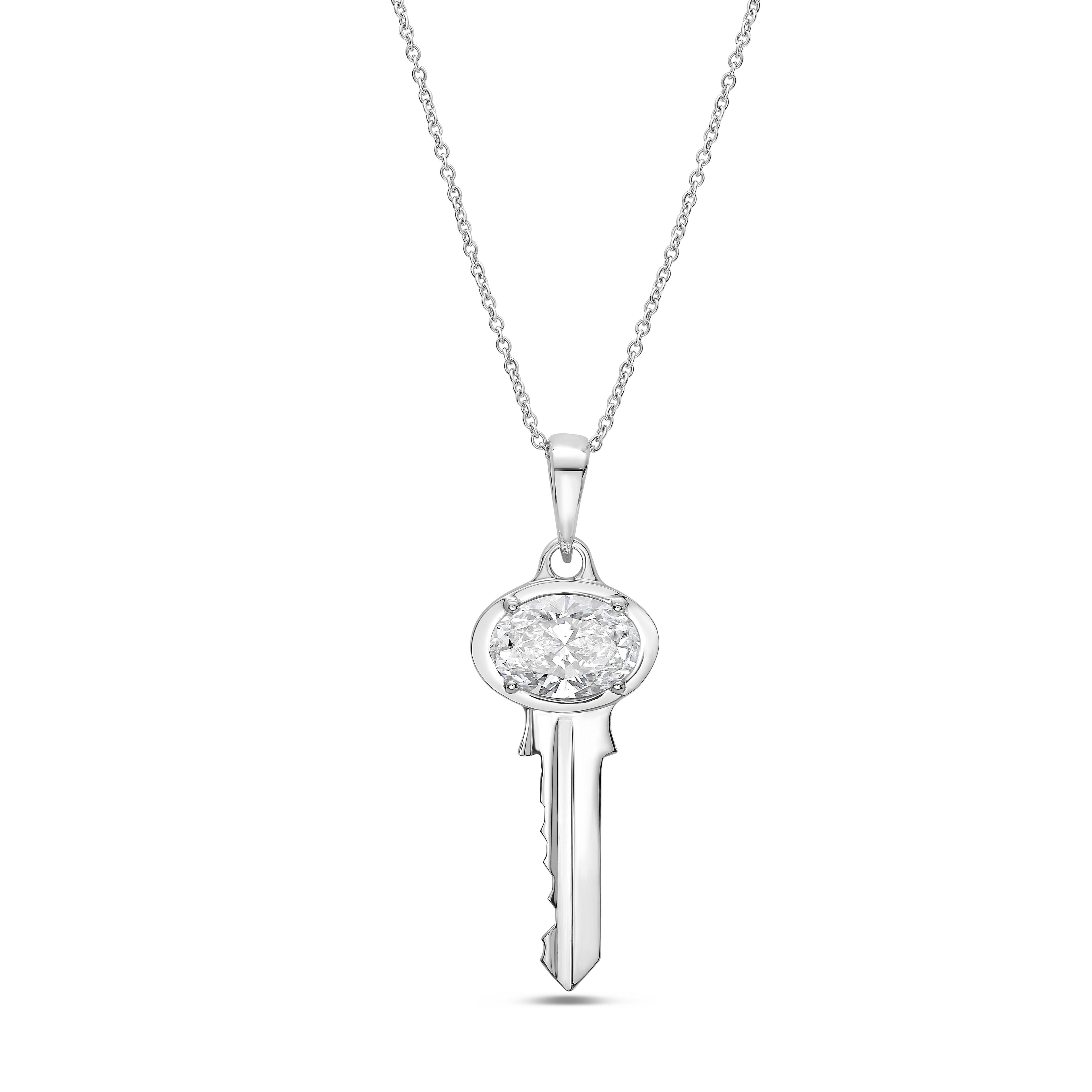 Lab-Grown Oval Diamond Accent Key Pendant, 14K Gold