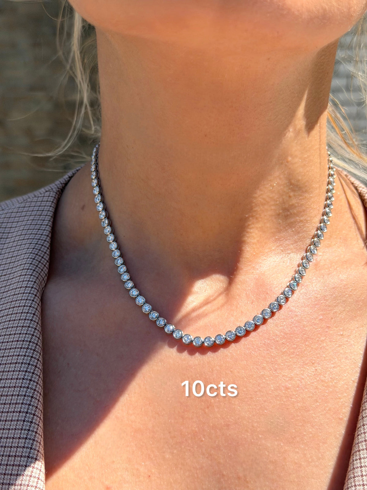 Lab-Grown Round Diamond Bezel Tennis Necklace, 10ct