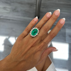 Green Emerald and Round Diamonds Flower Ring