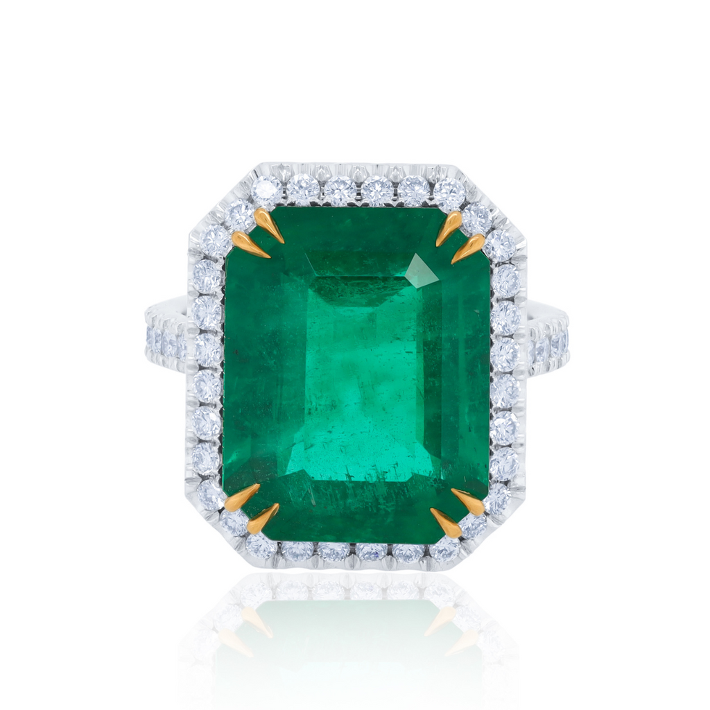 Platinum and 18kt Yellow Gold Emerald Diamond Halo Ring