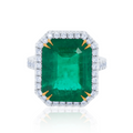 Platinum and 18kt Yellow Gold Emerald Diamond Halo Ring