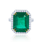Platinum and 18kt Yellow Gold Emerald Diamond Halo Ring