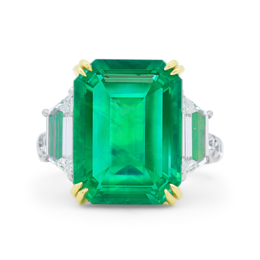 Platinum and 18kt Yellow Gold Emerald Three Stone Ring