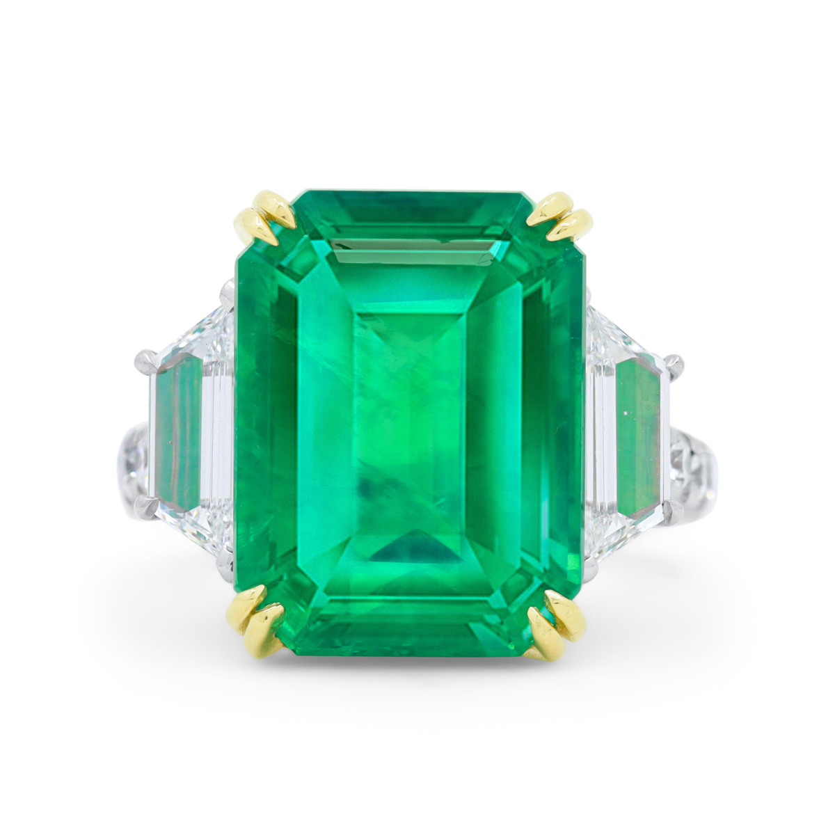 Platinum and 18kt Yellow Gold Emerald Three Stone Ring