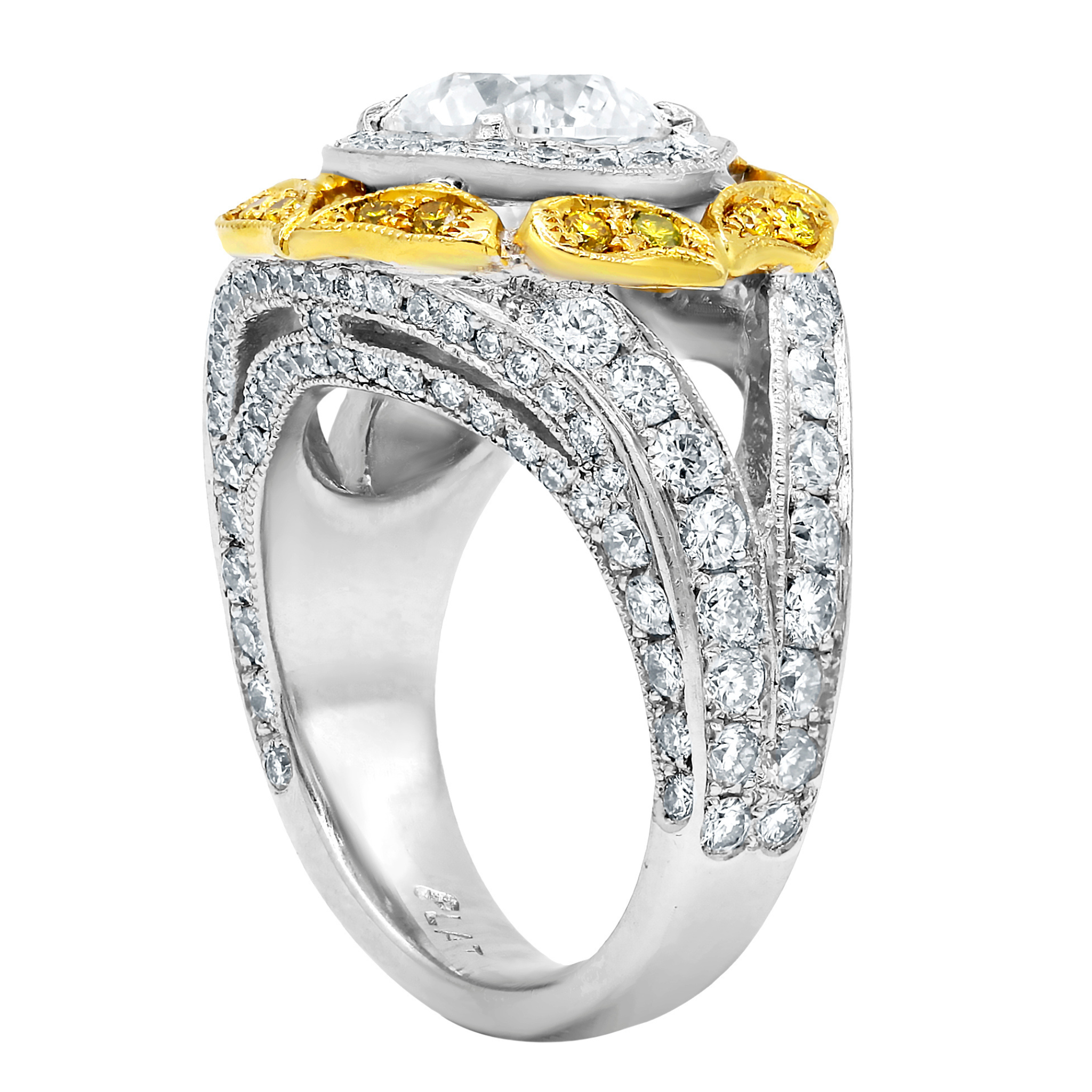 Two Tone Round Halo Pave Split Shank Ring