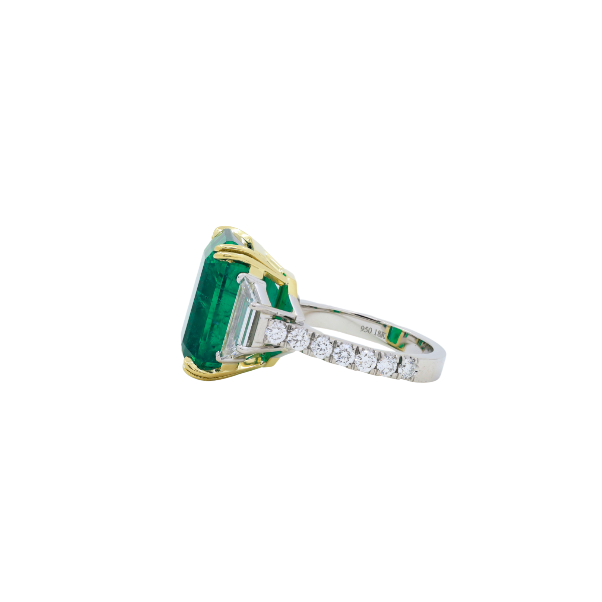 Platinum and 18kt Yellow Gold Emerald Three Stone Ring