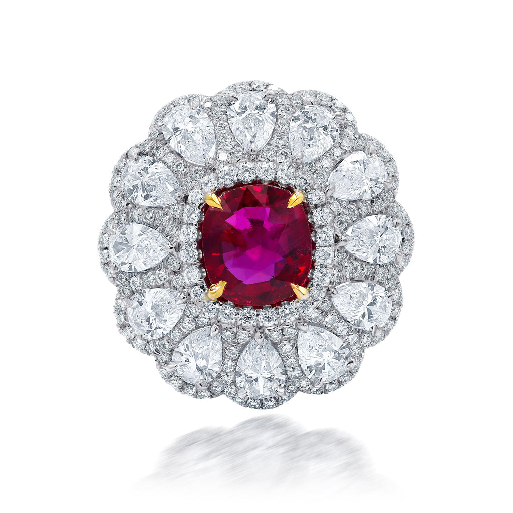 Platinum Ruby and Halo Diamonds Flower Ring