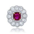 Platinum Ruby and Halo Diamonds Flower Ring