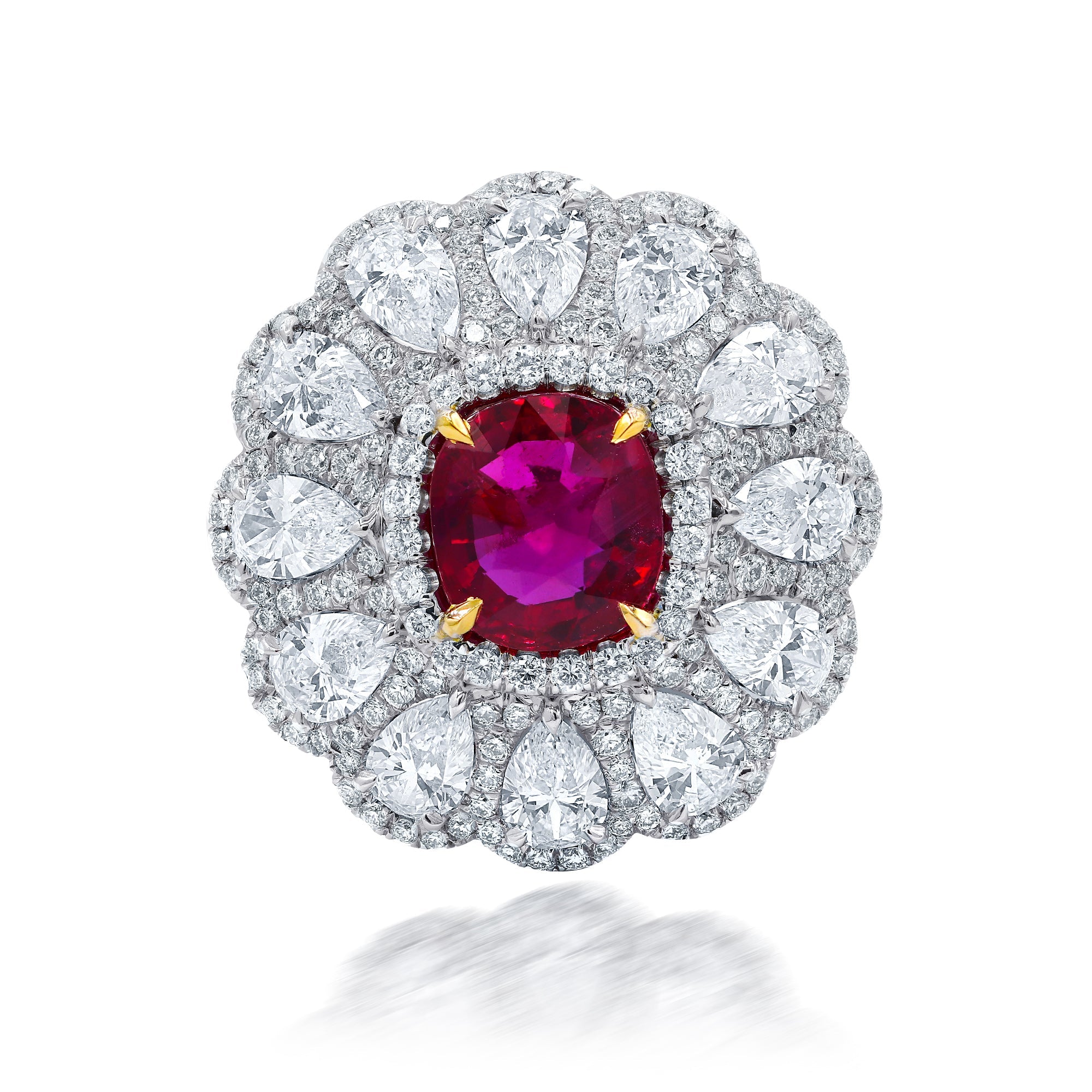 Platinum Ruby and Halo Diamonds Flower Ring