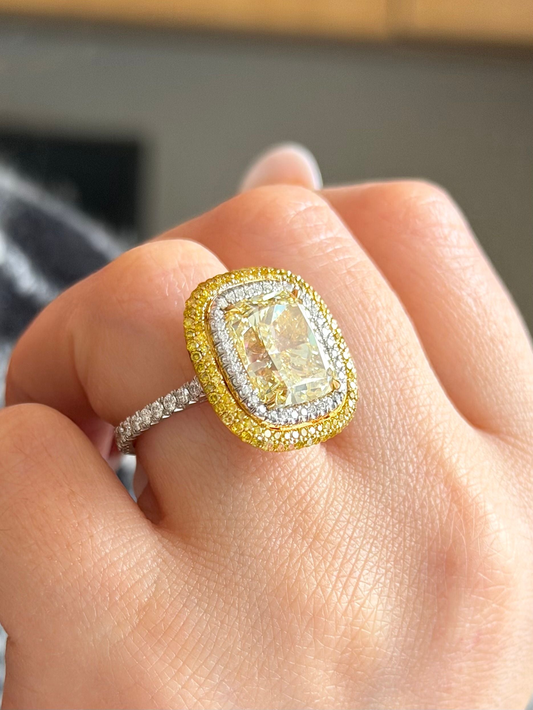 Yellow Cushion Cut With Micropave Diamond Ring