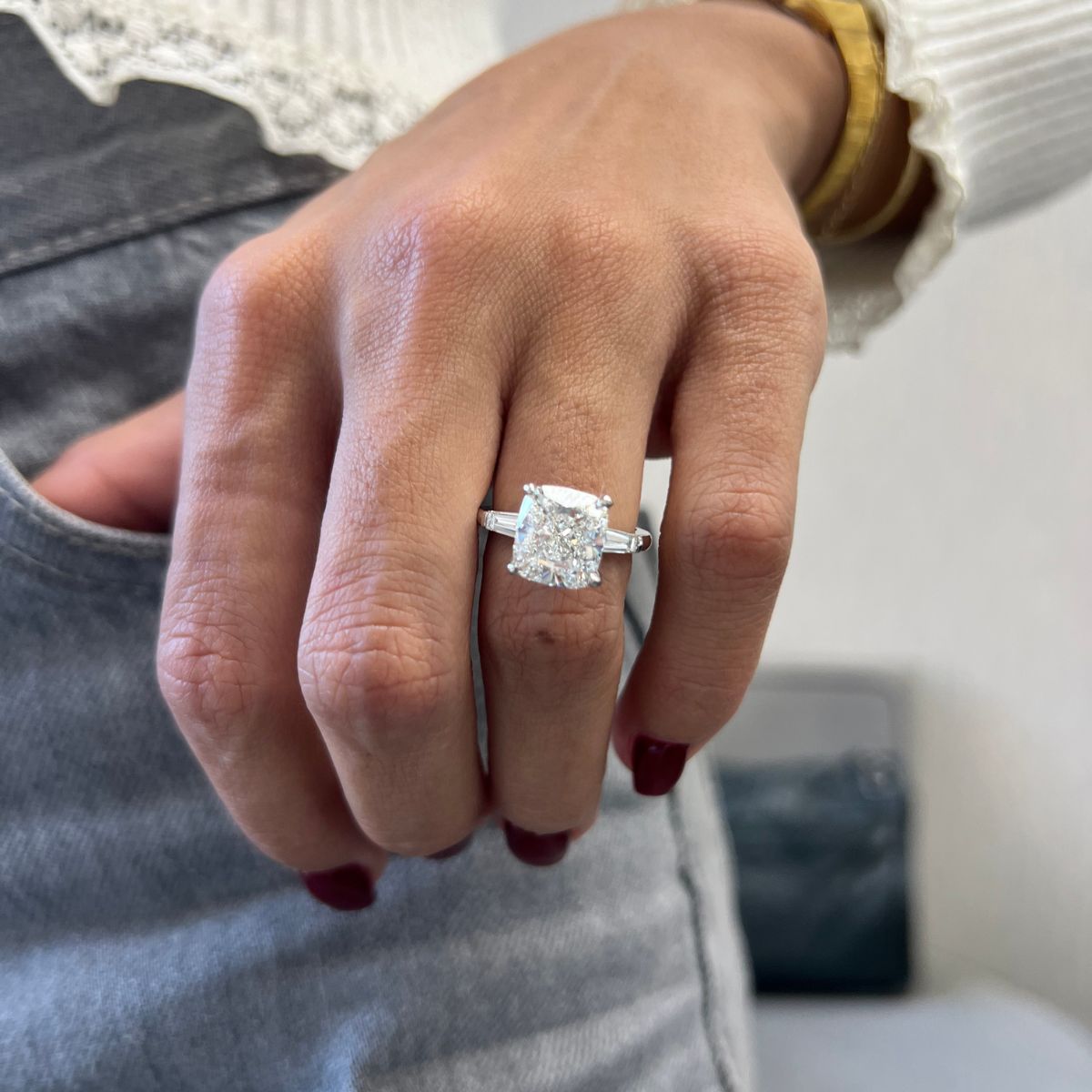 Three Stone Cushion Diamond  Engagement Ring