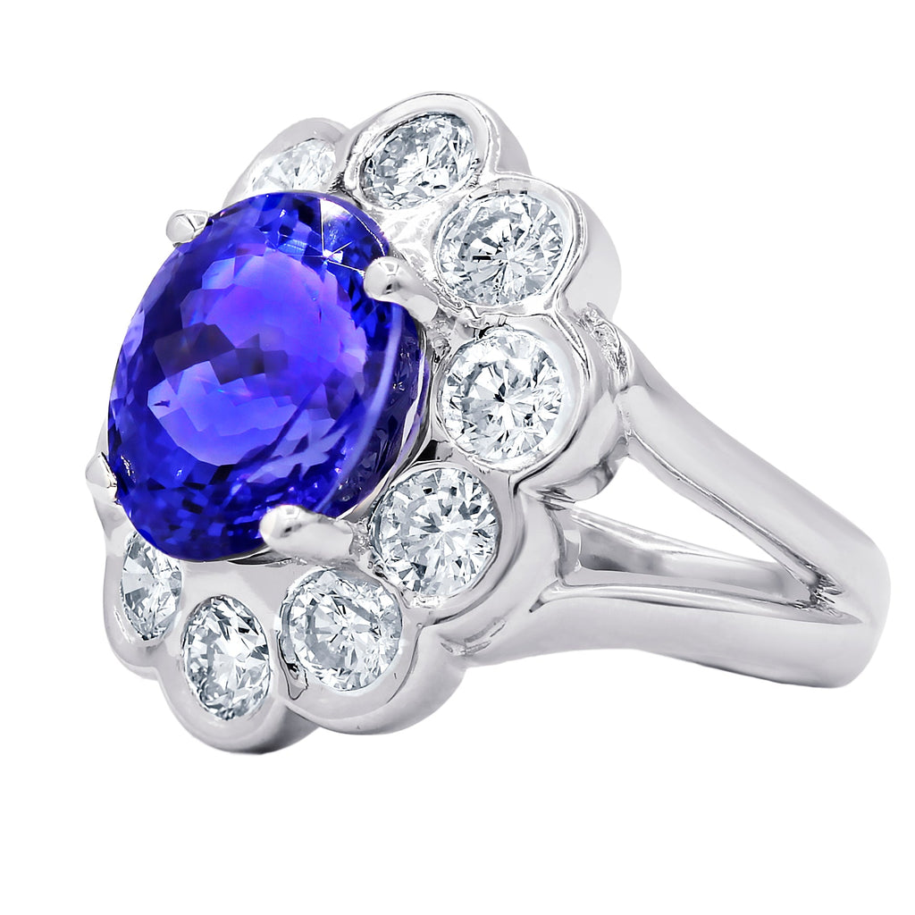18kt White Gold Tanzanite Flower Diamond Halo Ring