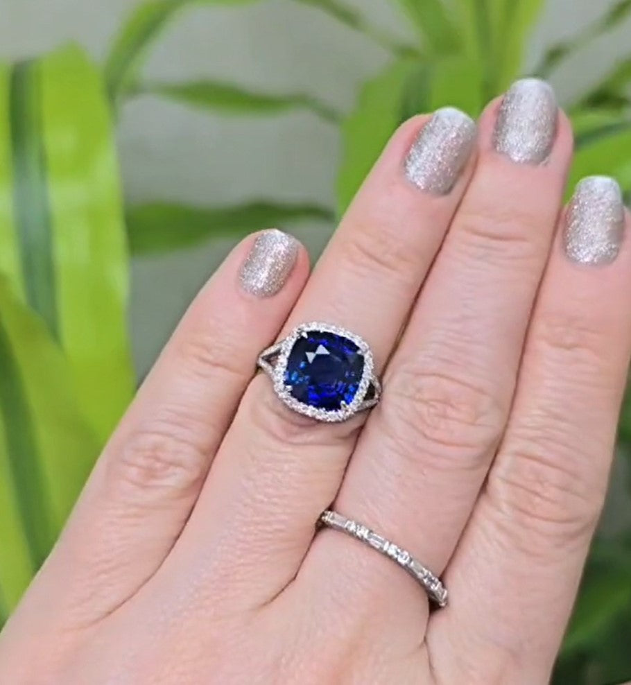 Platinum Cushion Ceylon Sapphire Diamonds Halo Ring